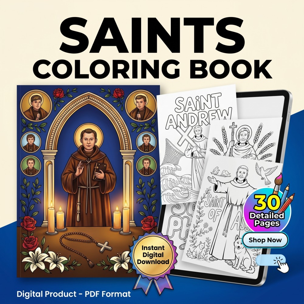 Printable digital pages of Catholic saints coloring book for adults featuring patron saint iconography