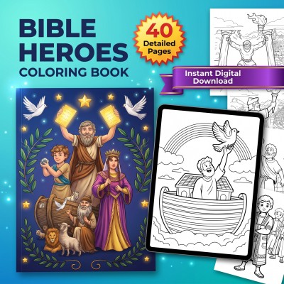 Old Testament Heroes Coloring Book – Bible Characters David Moses Noah Kids Printable Pages