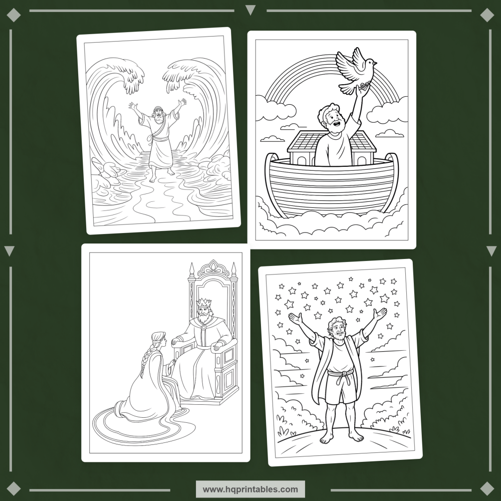 Printable kids coloring book pages featuring Old Testament heroes and Bible characters like David Moses and Noah