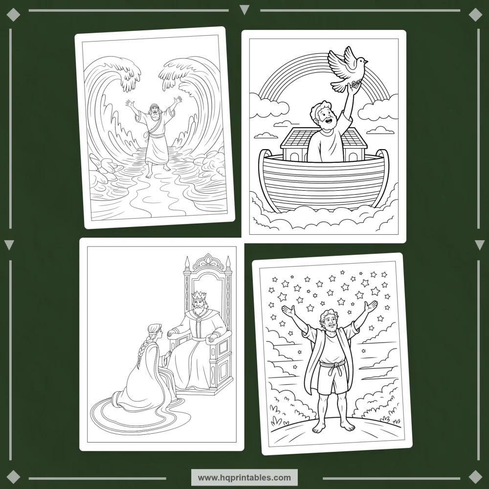 Printable kids coloring book pages featuring Old Testament heroes and Bible characters like David Moses and Noah