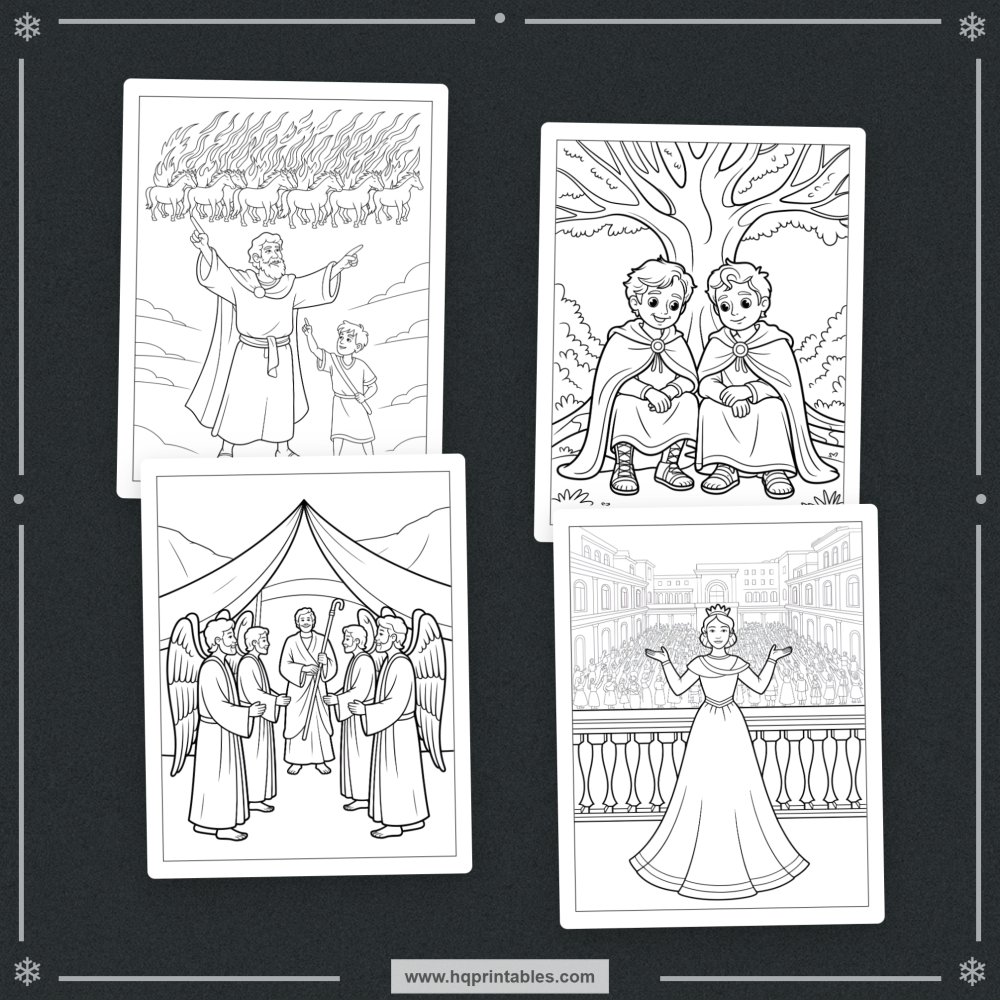 Printable kids coloring book pages featuring Old Testament heroes and Bible characters like David Moses and Noah