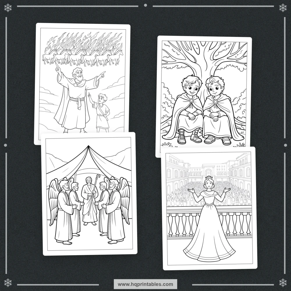 Printable kids coloring book pages featuring Old Testament heroes and Bible characters like David Moses and Noah