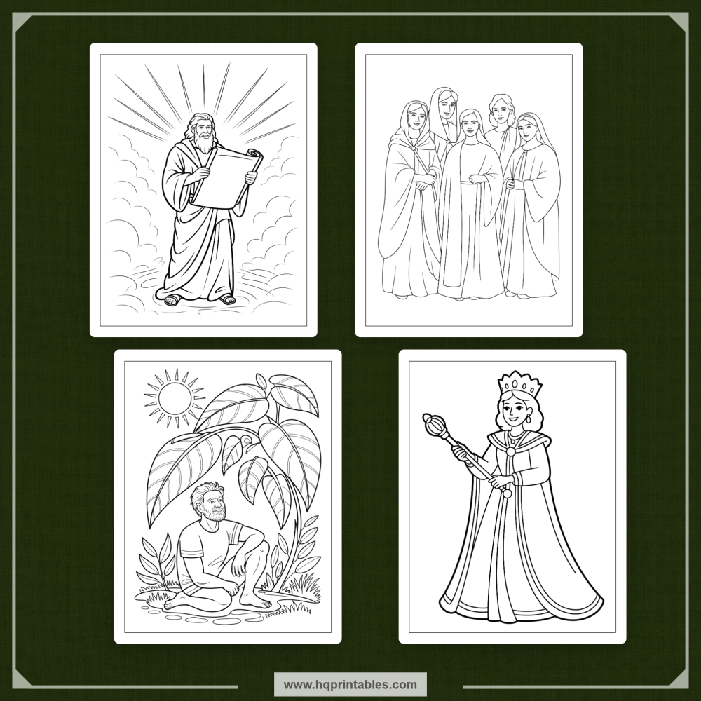 Printable kids coloring book pages featuring Old Testament heroes and Bible characters like David Moses and Noah