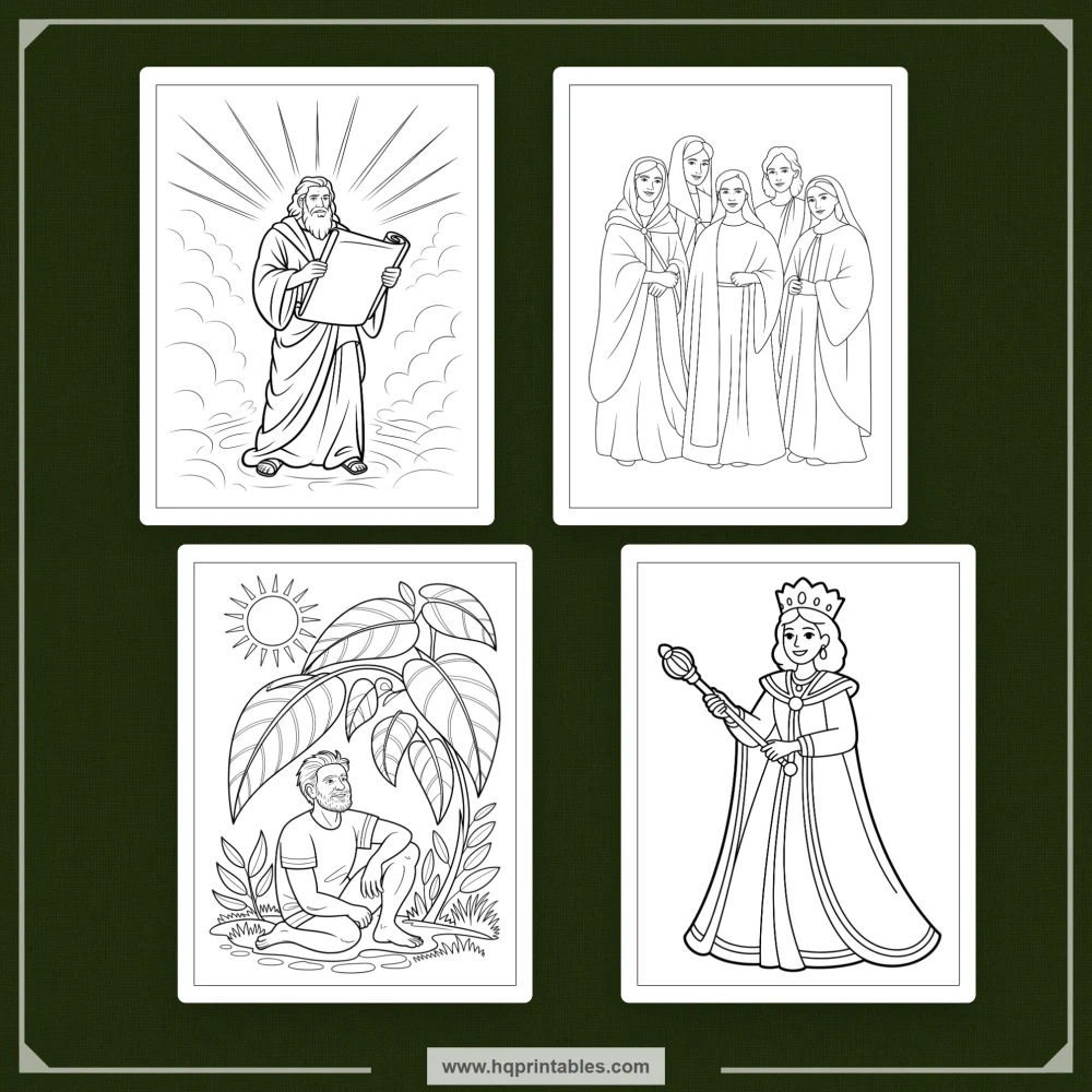Printable kids coloring book pages featuring Old Testament heroes and Bible characters like David Moses and Noah
