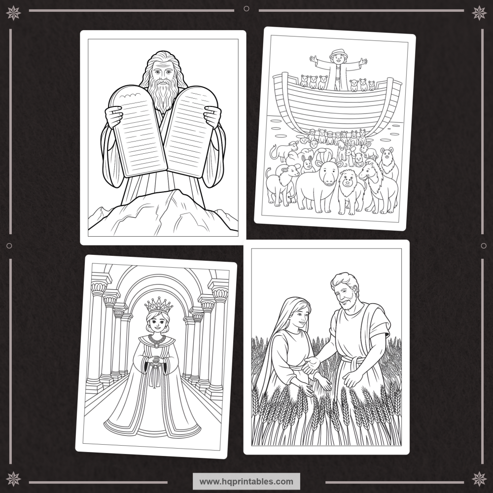 Printable kids coloring book pages featuring Old Testament heroes and Bible characters like David Moses and Noah