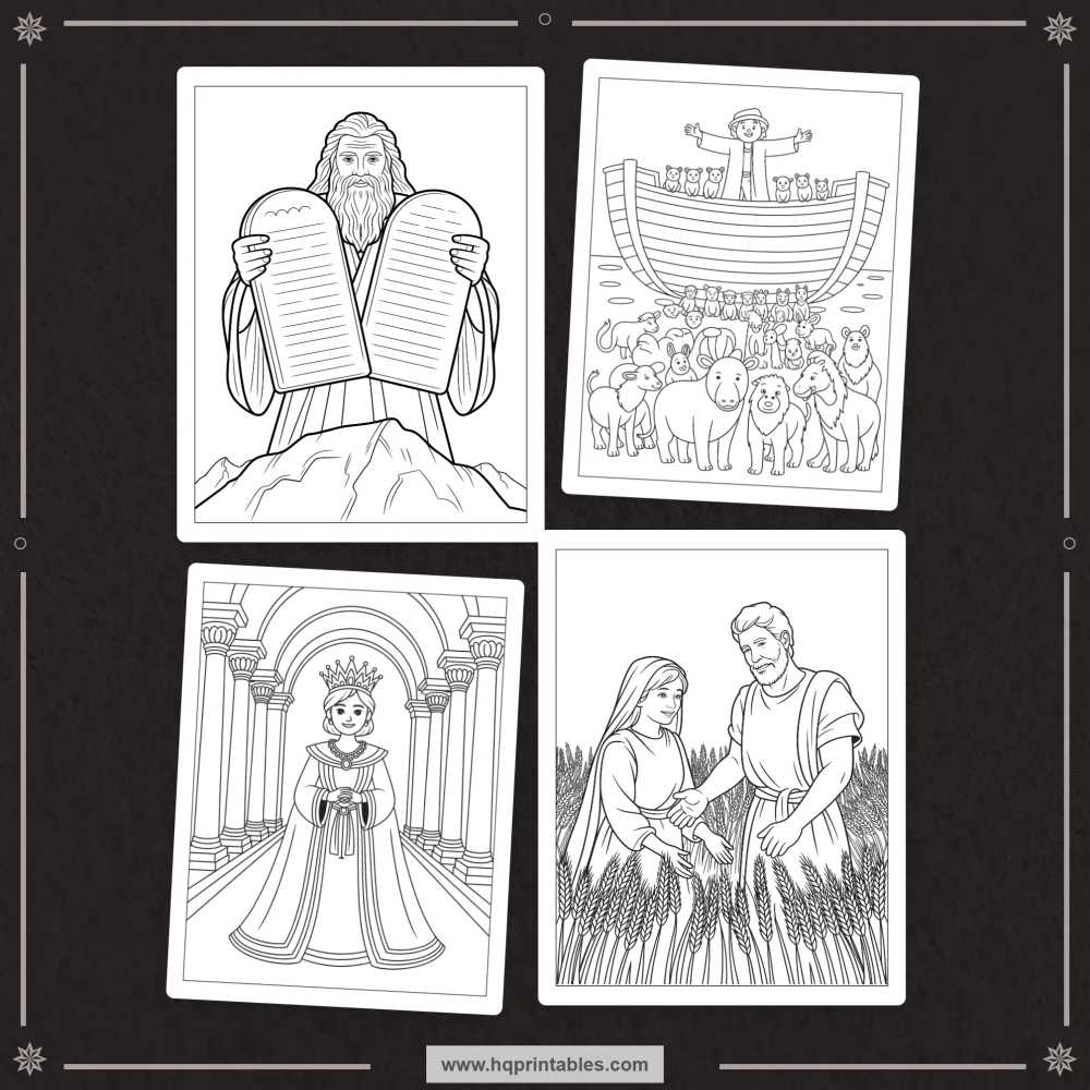 Printable kids coloring book pages featuring Old Testament heroes and Bible characters like David Moses and Noah