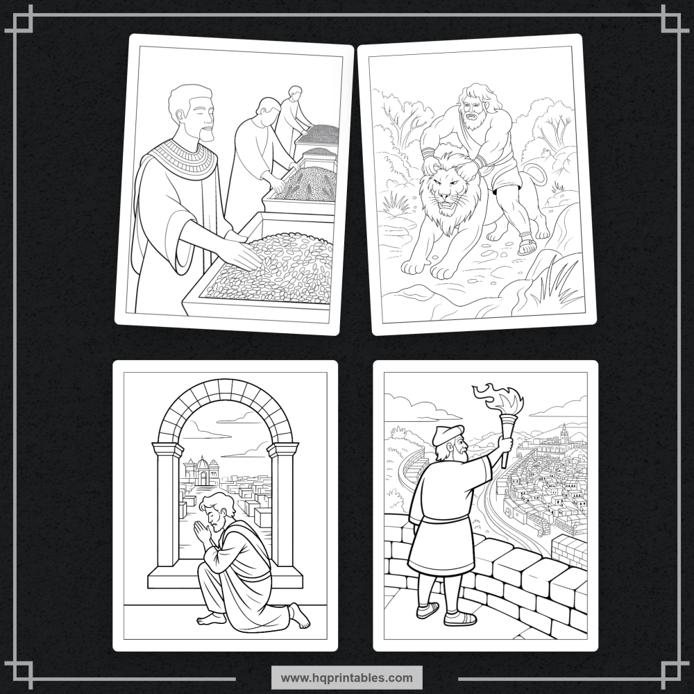 Printable kids coloring book pages featuring Old Testament heroes and Bible characters like David Moses and Noah