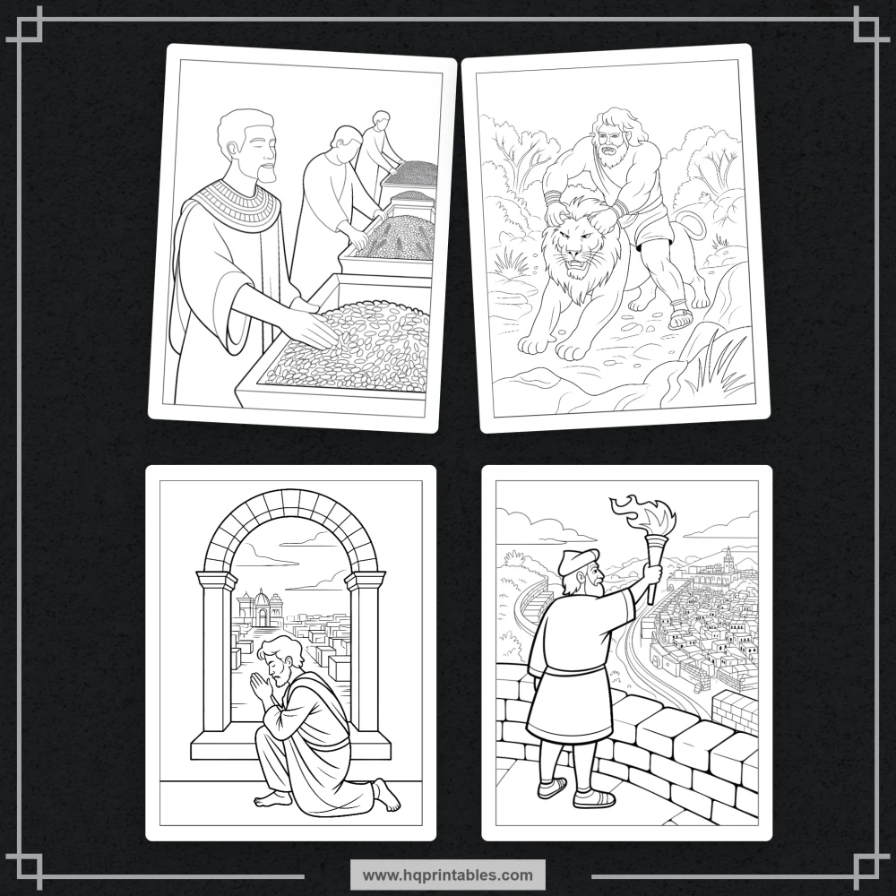 Printable kids coloring book pages featuring Old Testament heroes and Bible characters like David Moses and Noah