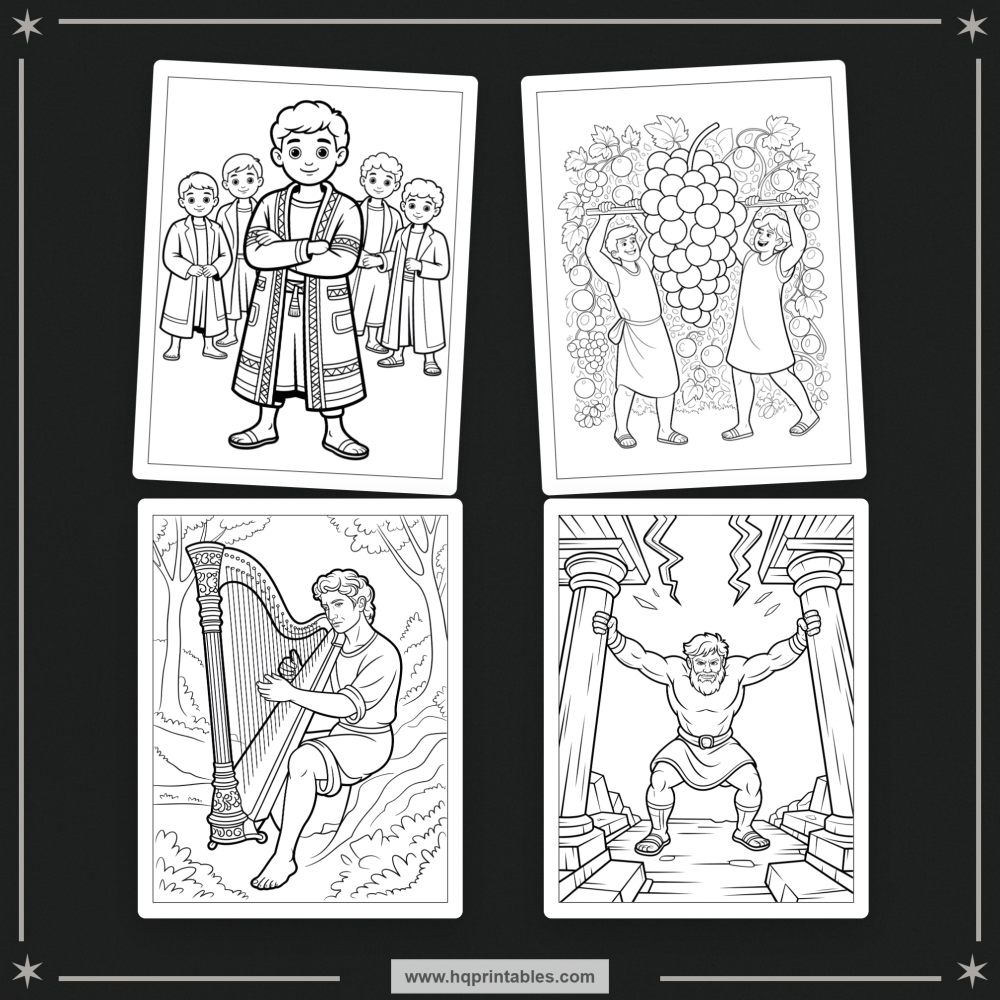 Printable kids coloring book pages featuring Old Testament heroes and Bible characters like David Moses and Noah