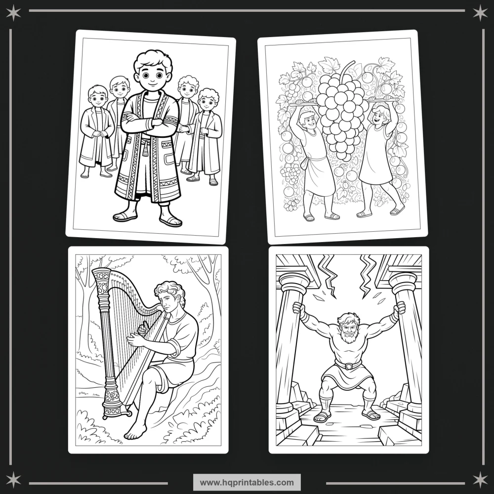 Printable kids coloring book pages featuring Old Testament heroes and Bible characters like David Moses and Noah
