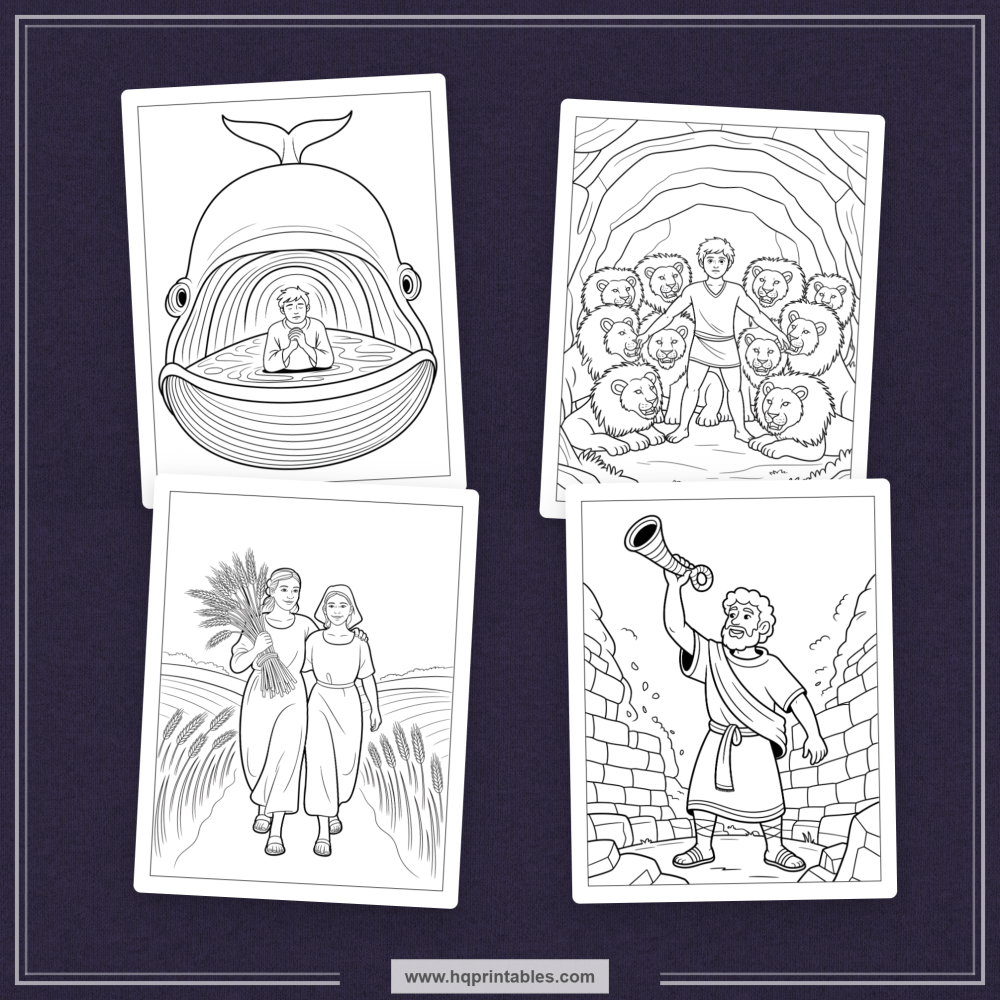 Printable kids coloring book pages featuring Old Testament heroes and Bible characters like David Moses and Noah