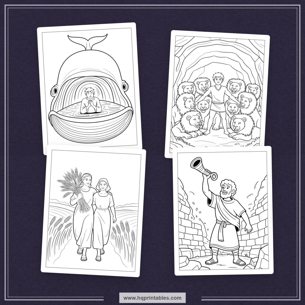 Printable kids coloring book pages featuring Old Testament heroes and Bible characters like David Moses and Noah