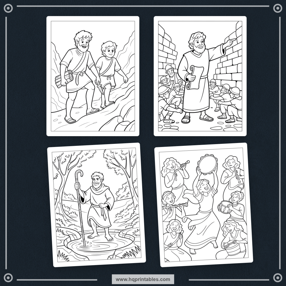 Printable kids coloring book pages featuring Old Testament heroes and Bible characters like David Moses and Noah