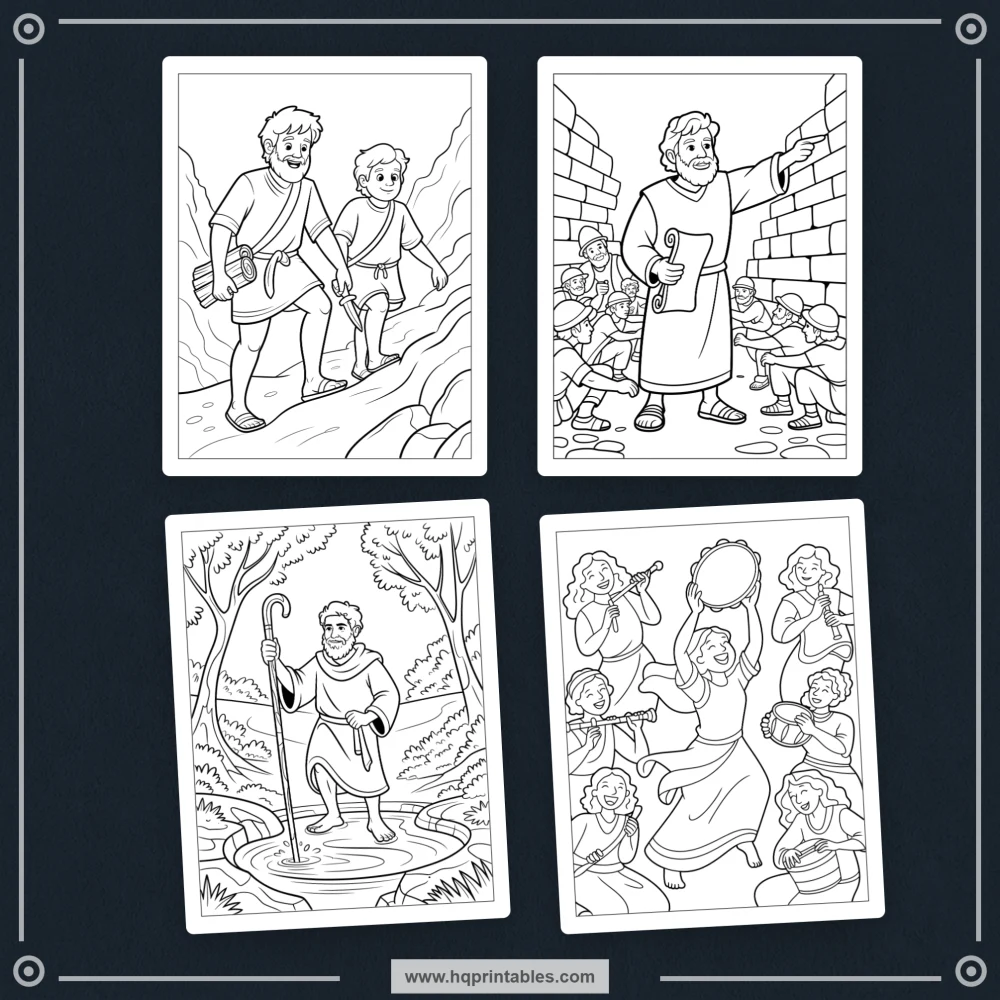 Printable kids coloring book pages featuring Old Testament heroes and Bible characters like David Moses and Noah