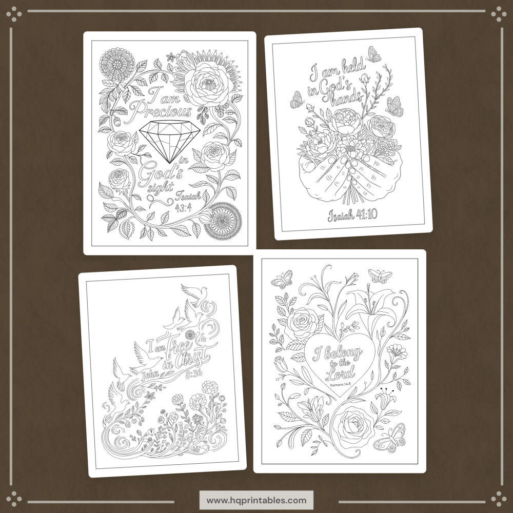 Printable Christian affirmation coloring book for women featuring faith devotional and adult Bible verse pages