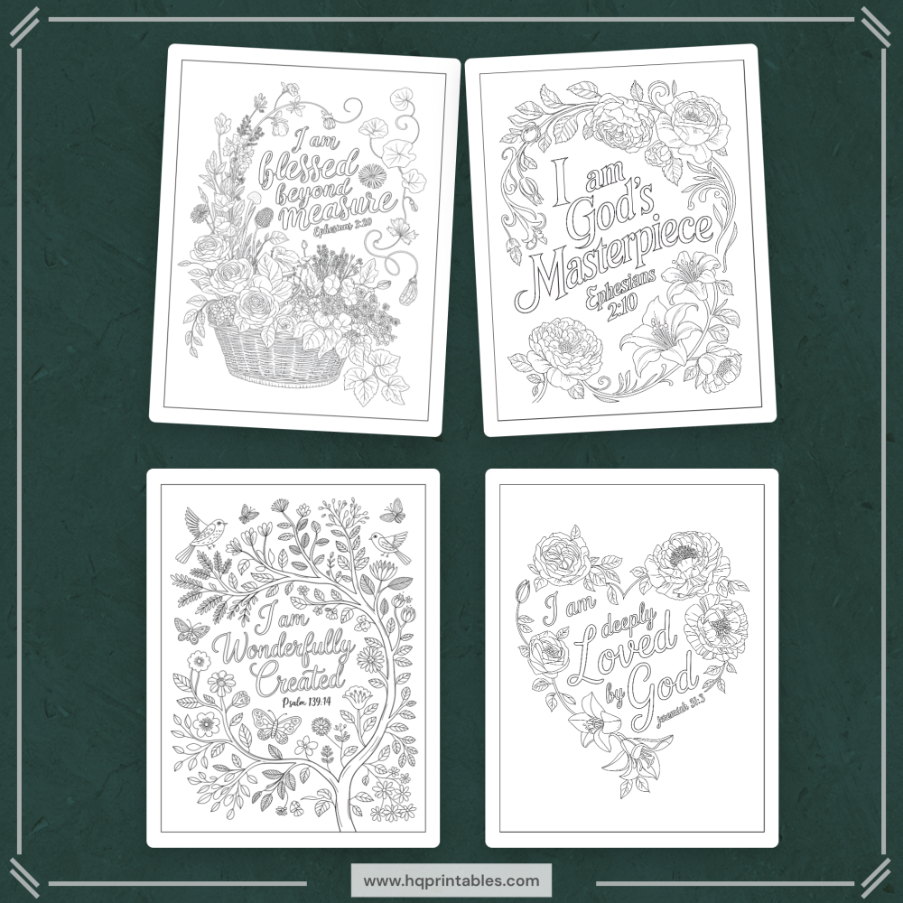 Printable Christian affirmation coloring book for women featuring faith devotional and adult Bible verse pages