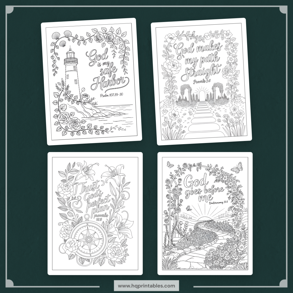 Printable Christian affirmation coloring book for women featuring faith devotional and adult Bible verse pages