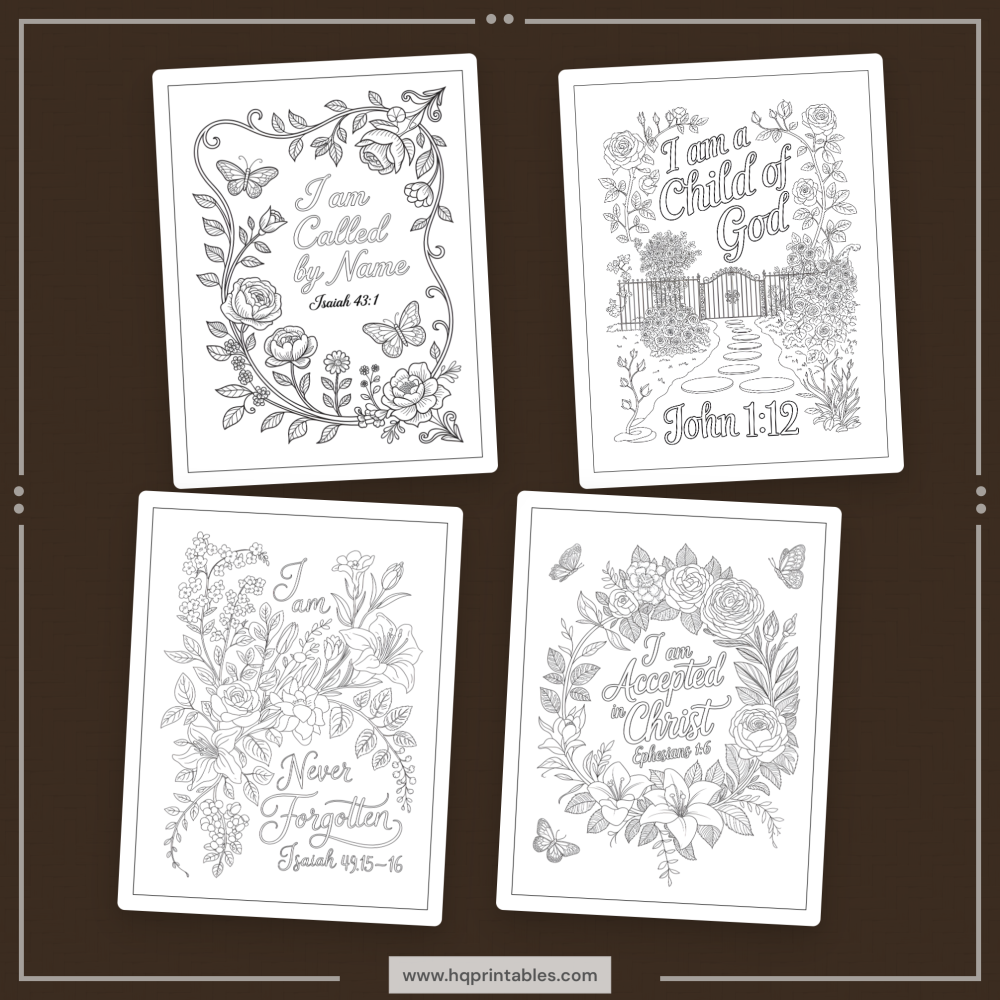 Printable Christian affirmation coloring book for women featuring faith devotional and adult Bible verse pages