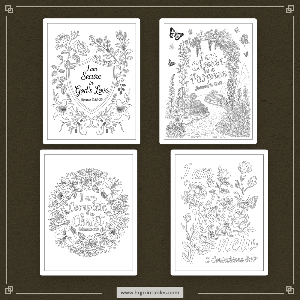 Printable Christian affirmation coloring book for women featuring faith devotional and adult Bible verse pages