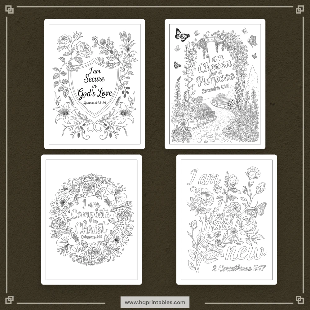 Printable Christian affirmation coloring book for women featuring faith devotional and adult Bible verse pages