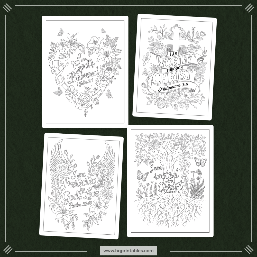 Printable Christian affirmation coloring book for women featuring faith devotional and adult Bible verse pages