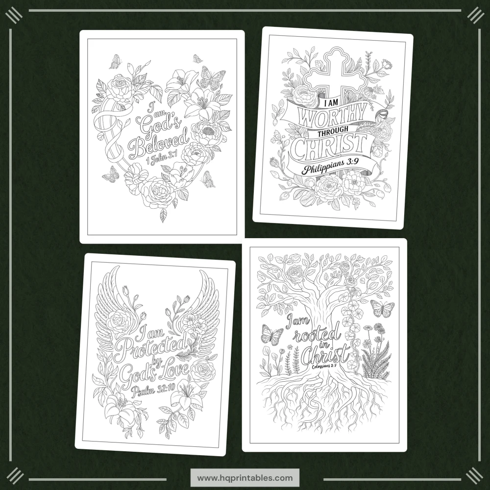 Printable Christian affirmation coloring book for women featuring faith devotional and adult Bible verse pages