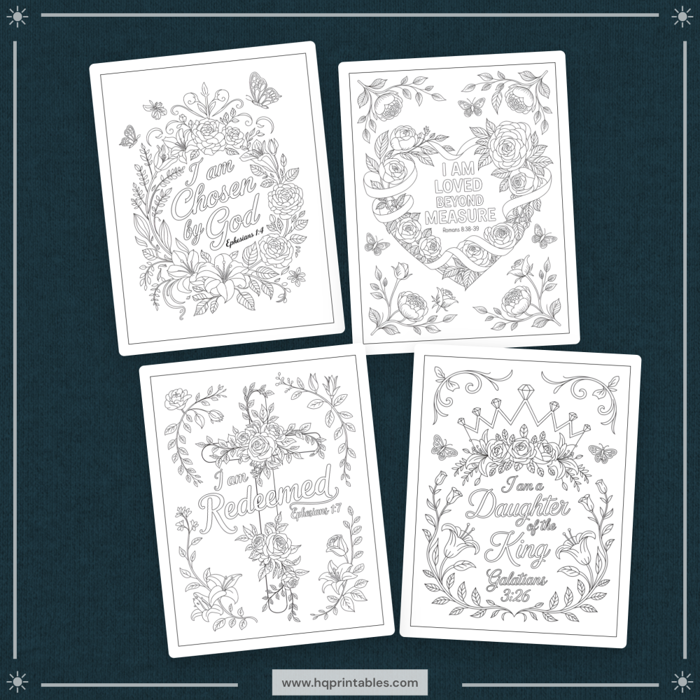 Printable Christian affirmation coloring book for women featuring faith devotional and adult Bible verse pages