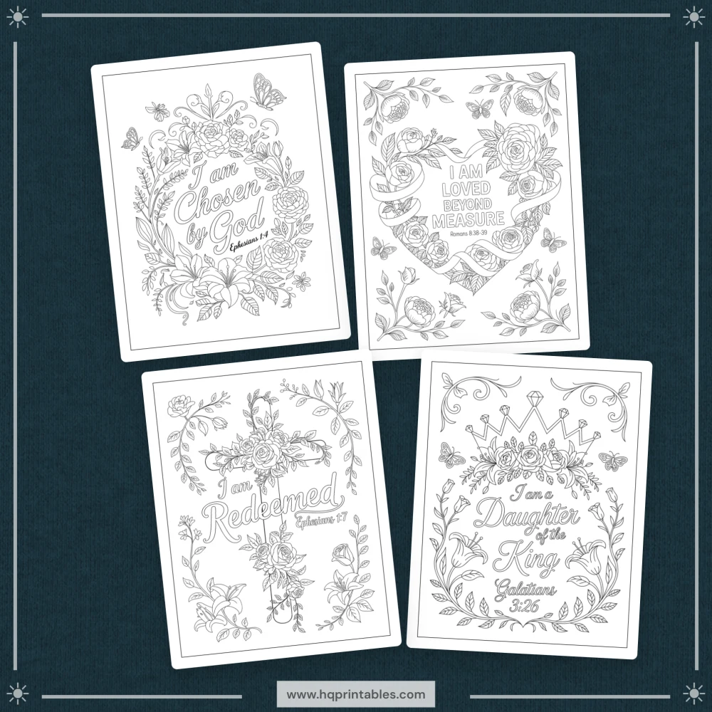Printable Christian affirmation coloring book for women featuring faith devotional and adult Bible verse pages