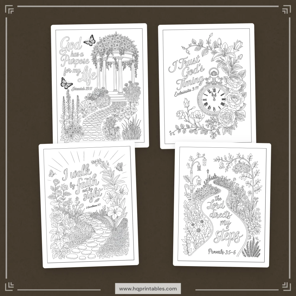 Printable Christian affirmation coloring book for women featuring faith devotional and adult Bible verse pages