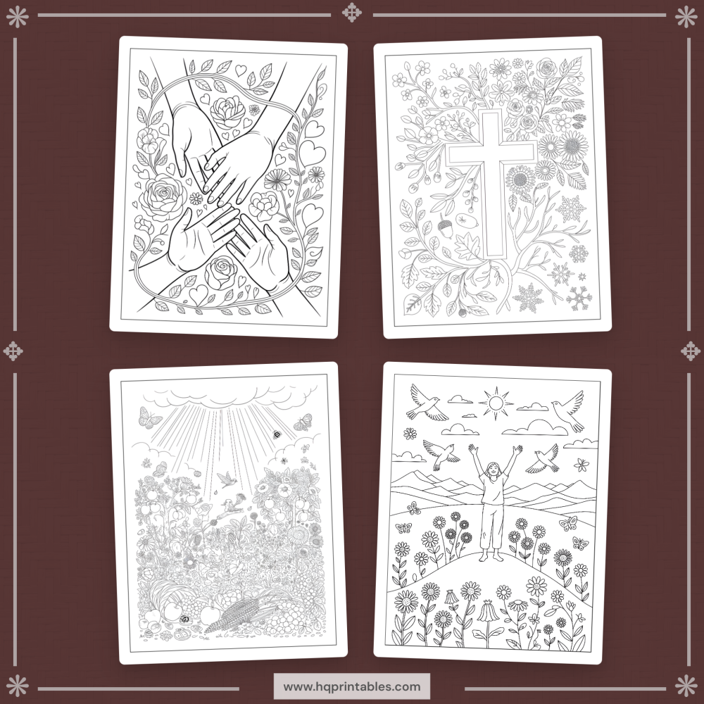 Digital download of printable Christian prayer coloring book featuring devotional faith pages for adults