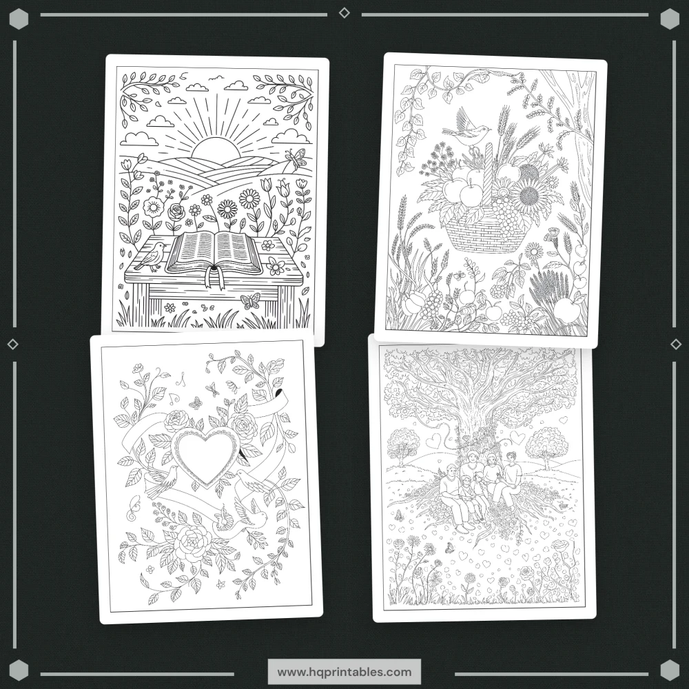 Digital download of printable Christian prayer coloring book featuring devotional faith pages for adults