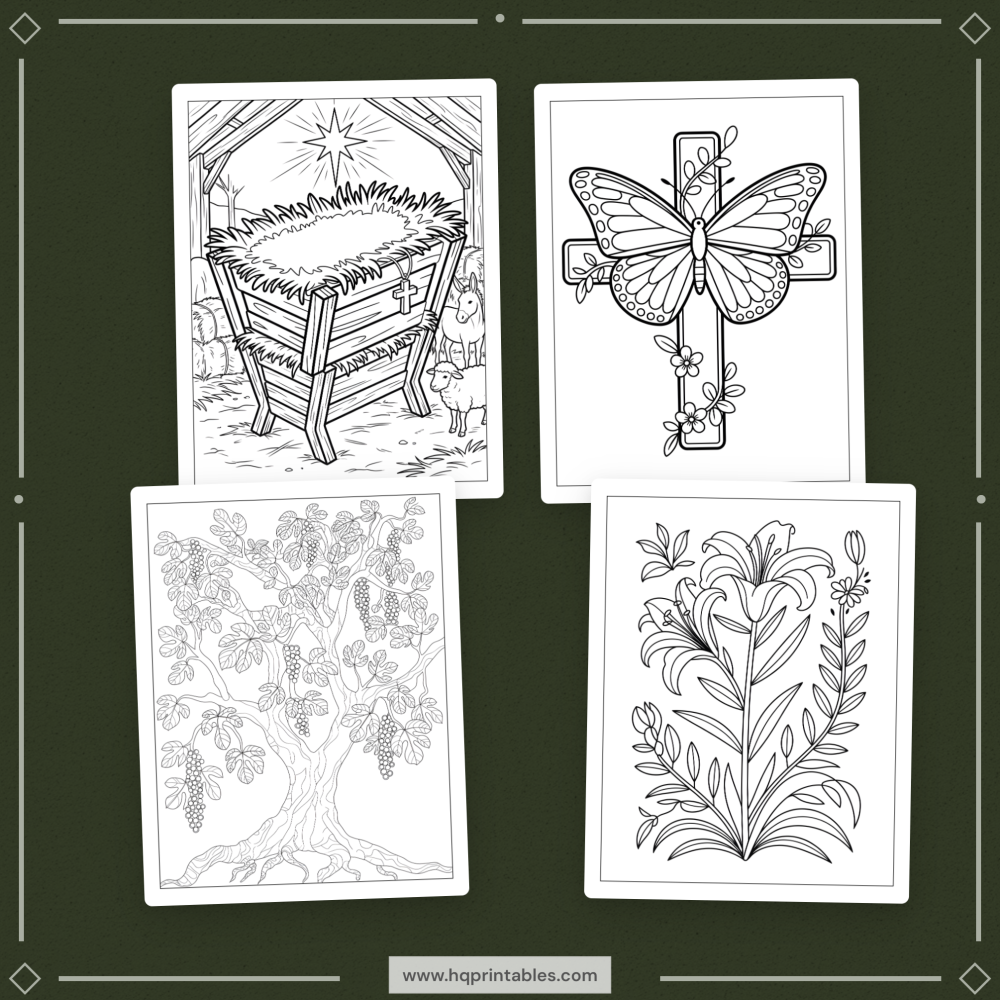 Printable Christian Easter coloring book for adults featuring the resurrection of Jesus crosses and religious themes