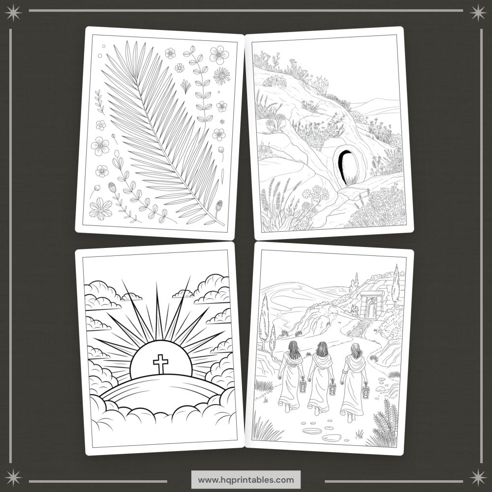Printable Christian Easter coloring book for adults featuring the resurrection of Jesus crosses and religious themes
