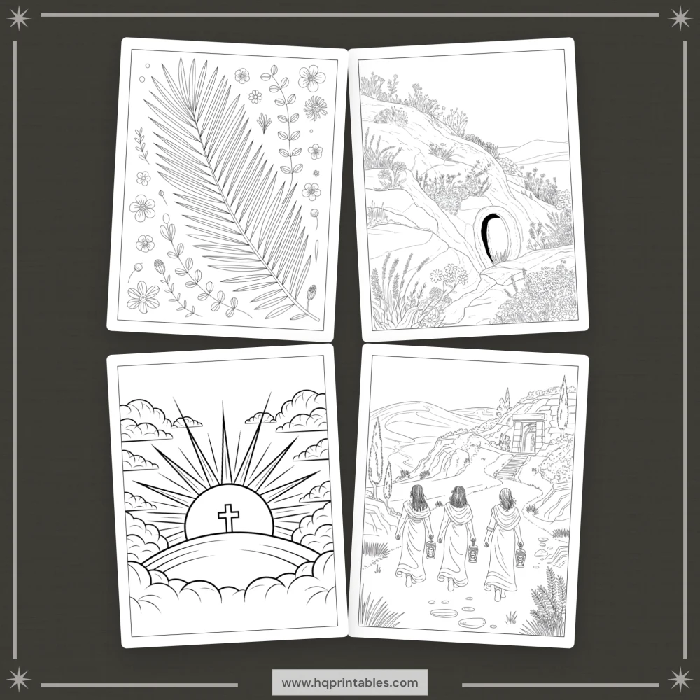 Printable Christian Easter coloring book for adults featuring the resurrection of Jesus crosses and religious themes
