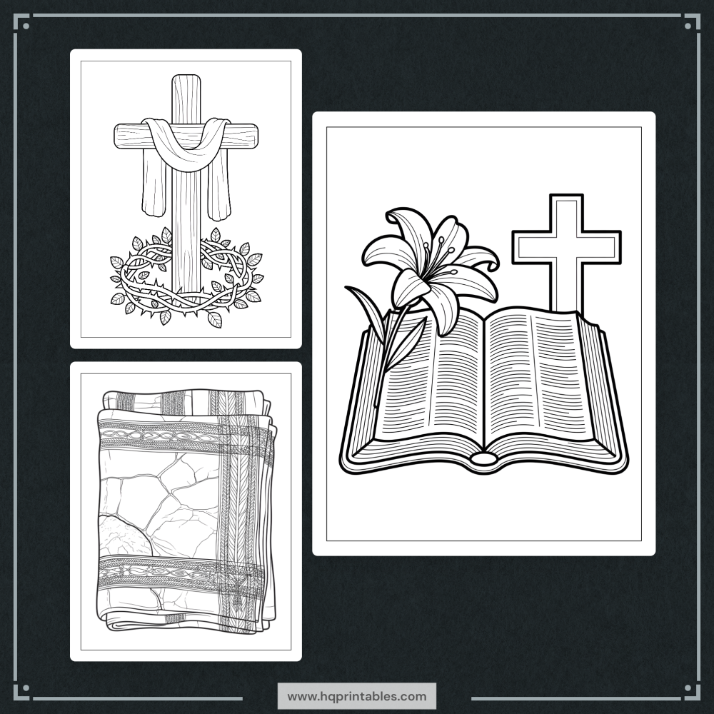 Printable Christian Easter coloring book for adults featuring the resurrection of Jesus crosses and religious themes