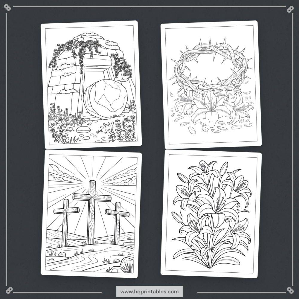 Printable Christian Easter coloring book for adults featuring the resurrection of Jesus crosses and religious themes
