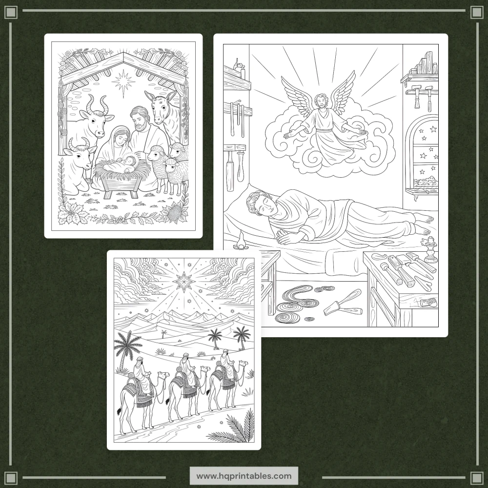 Downloadable Christian printable pages of Jesus coloring book for adults featuring life of Christ scenes