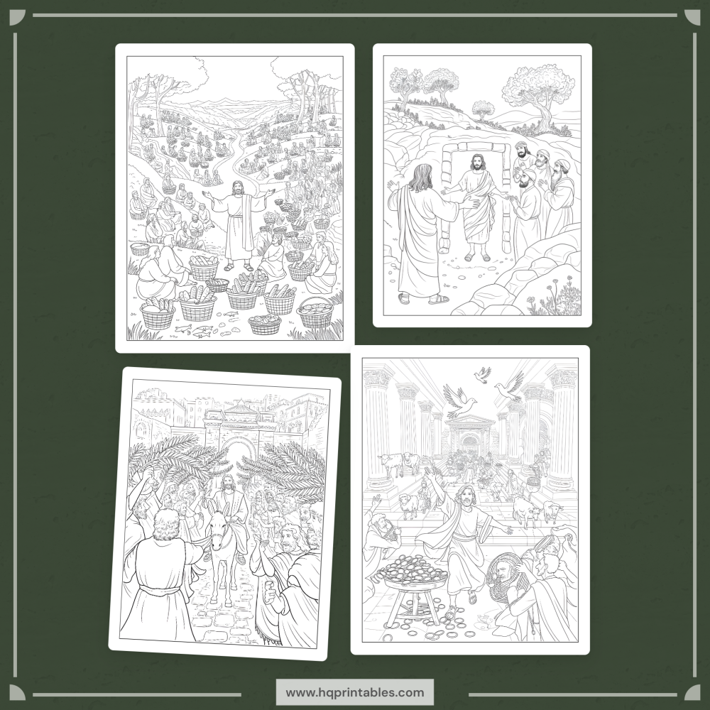 Downloadable Christian printable pages of Jesus coloring book for adults featuring life of Christ scenes