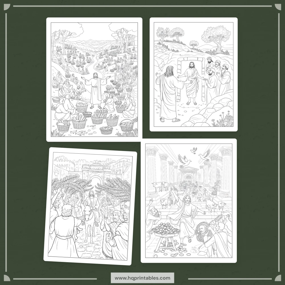 Downloadable Christian printable pages of Jesus coloring book for adults featuring life of Christ scenes