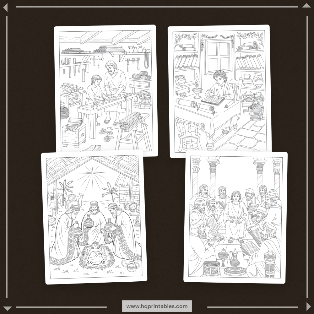 Downloadable Christian printable pages of Jesus coloring book for adults featuring life of Christ scenes