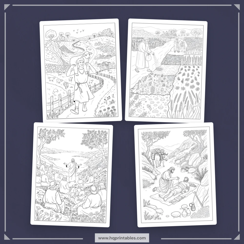 Downloadable Christian printable pages of Jesus coloring book for adults featuring life of Christ scenes