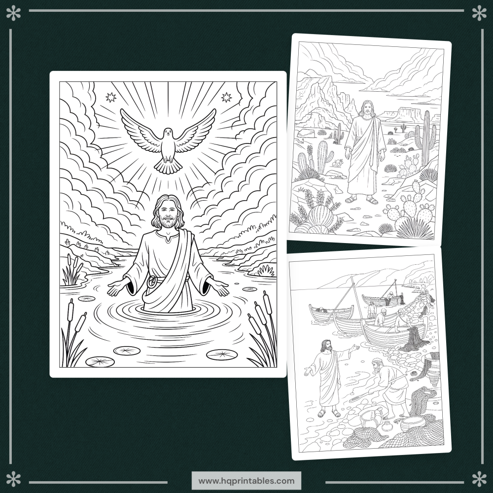 Downloadable Christian printable pages of Jesus coloring book for adults featuring life of Christ scenes