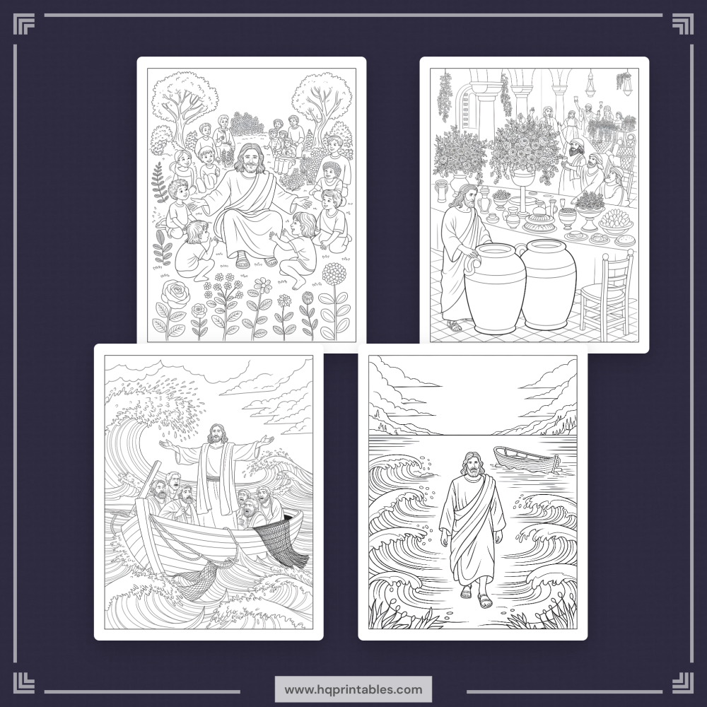 Downloadable Christian printable pages of Jesus coloring book for adults featuring life of Christ scenes