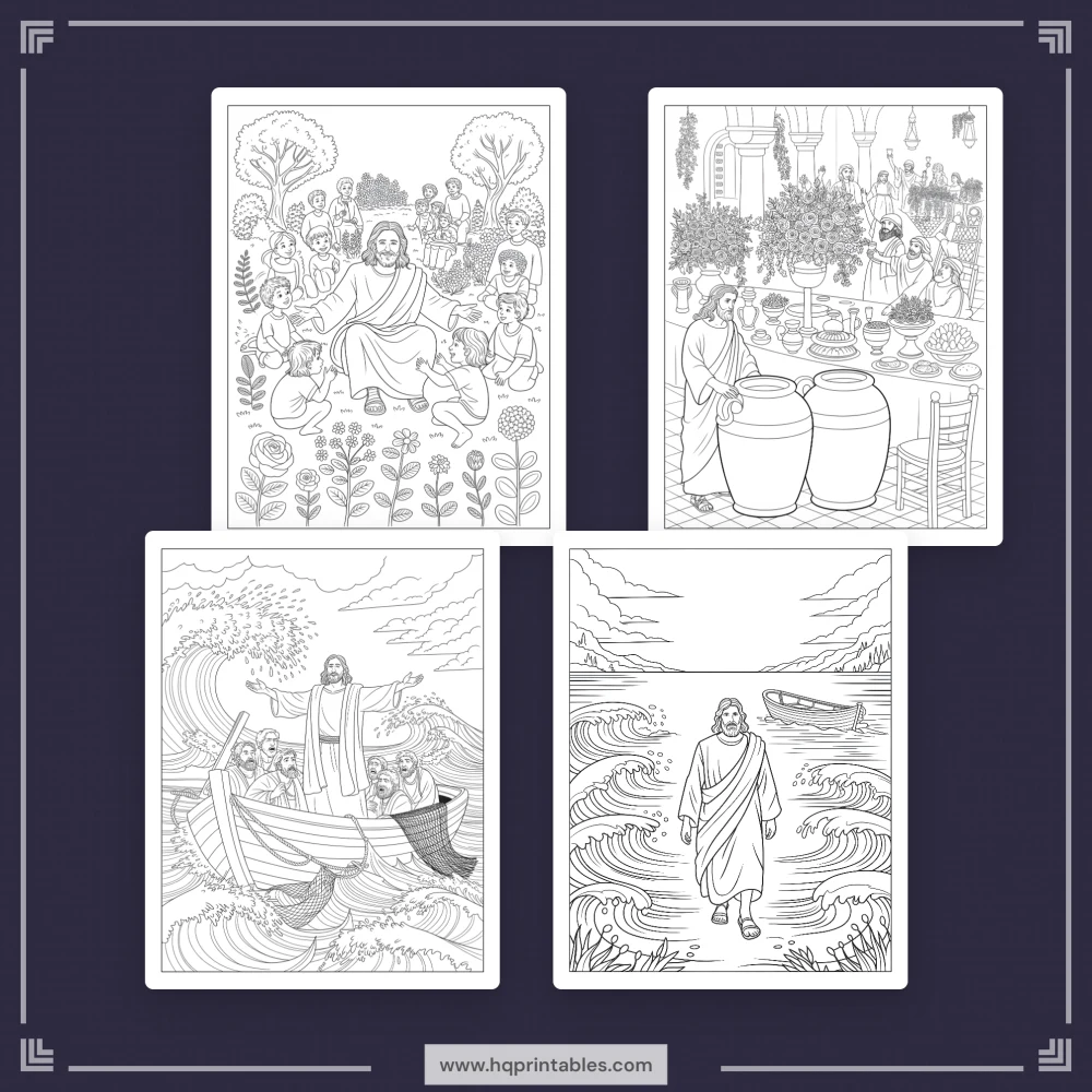Downloadable Christian printable pages of Jesus coloring book for adults featuring life of Christ scenes