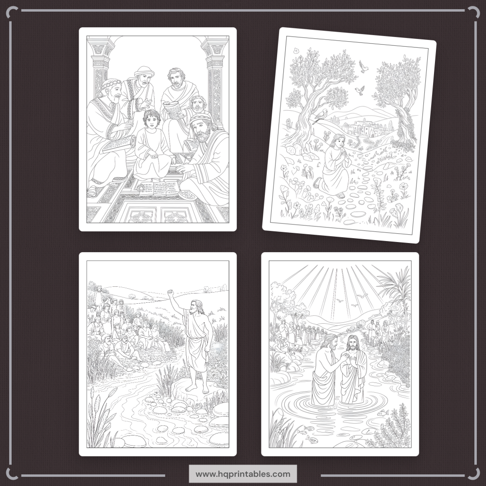 Downloadable Christian printable pages of Jesus coloring book for adults featuring life of Christ scenes