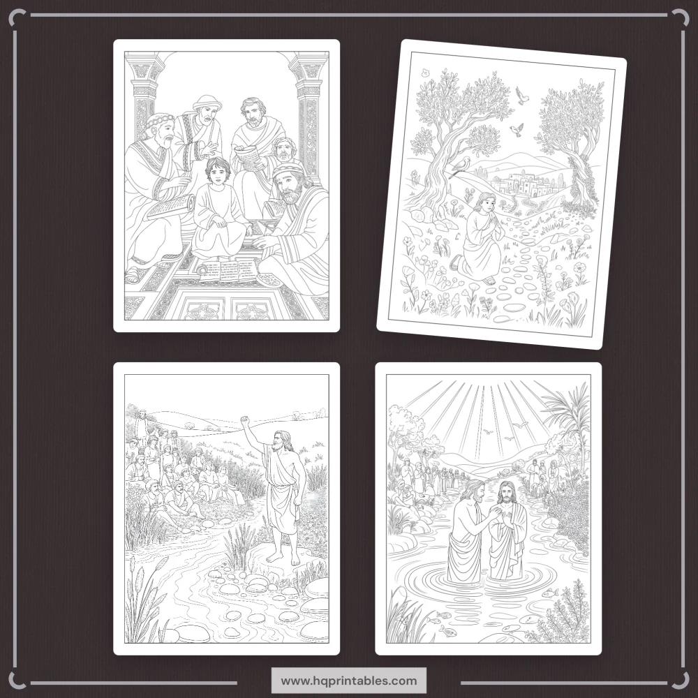 Downloadable Christian printable pages of Jesus coloring book for adults featuring life of Christ scenes