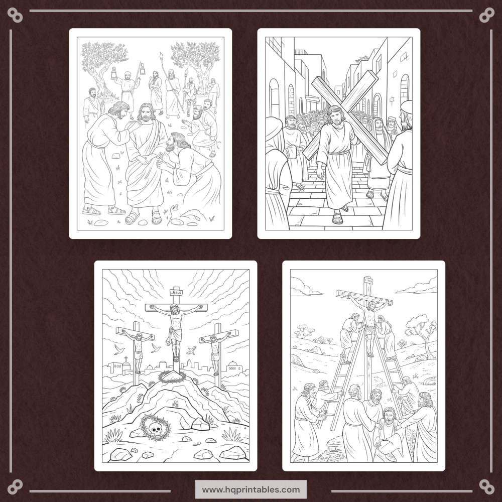 Downloadable Christian printable pages of Jesus coloring book for adults featuring life of Christ scenes