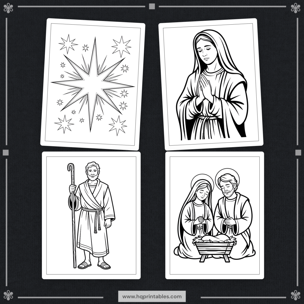Printable nativity coloring book for adults featuring the Christmas birth of Jesus and religious Christian scenes