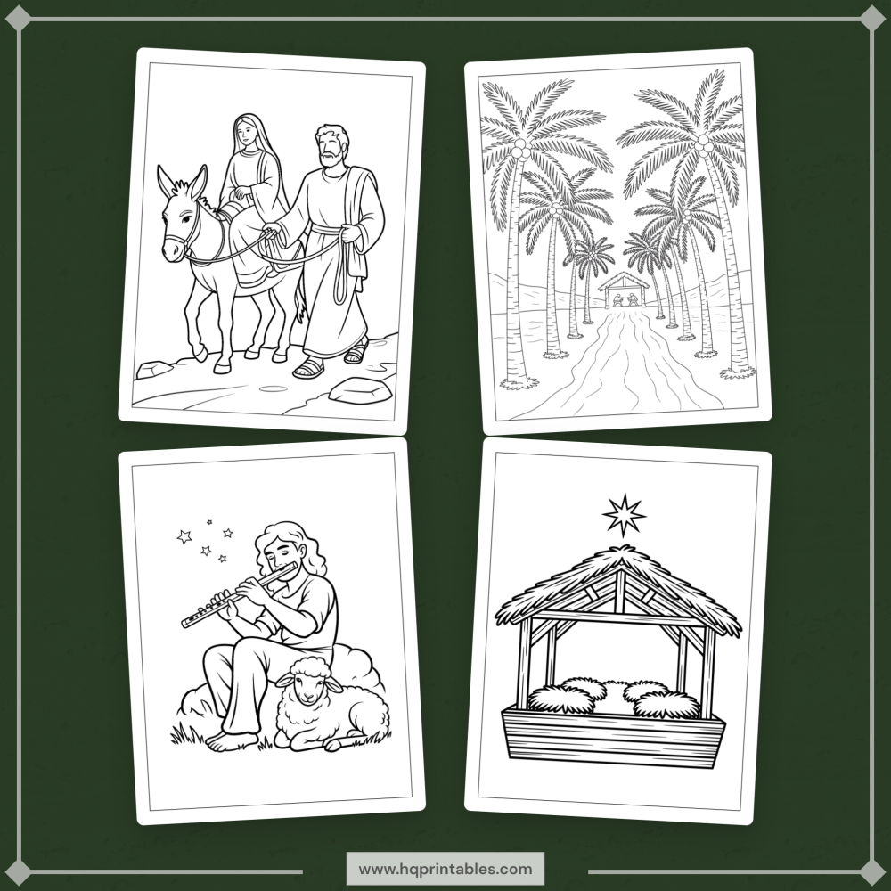 Printable nativity coloring book for adults featuring the Christmas birth of Jesus and religious Christian scenes