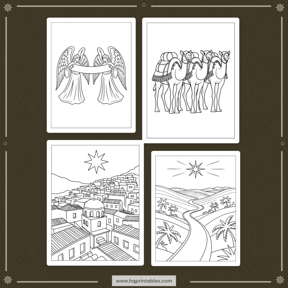 Printable nativity coloring book for adults featuring the Christmas birth of Jesus and religious Christian scenes